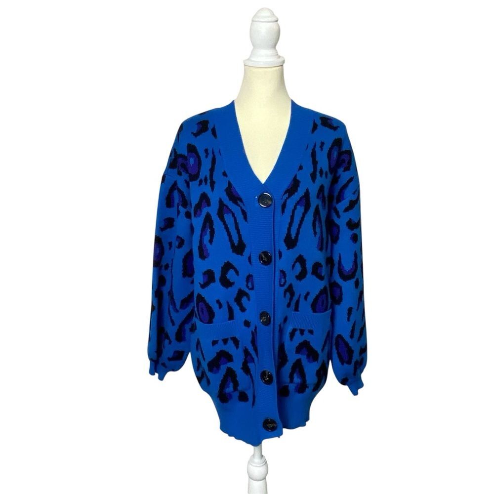 Sugar Lips Blue Animal Print Oversized Long Knit Cardigan Women's Size Medium
